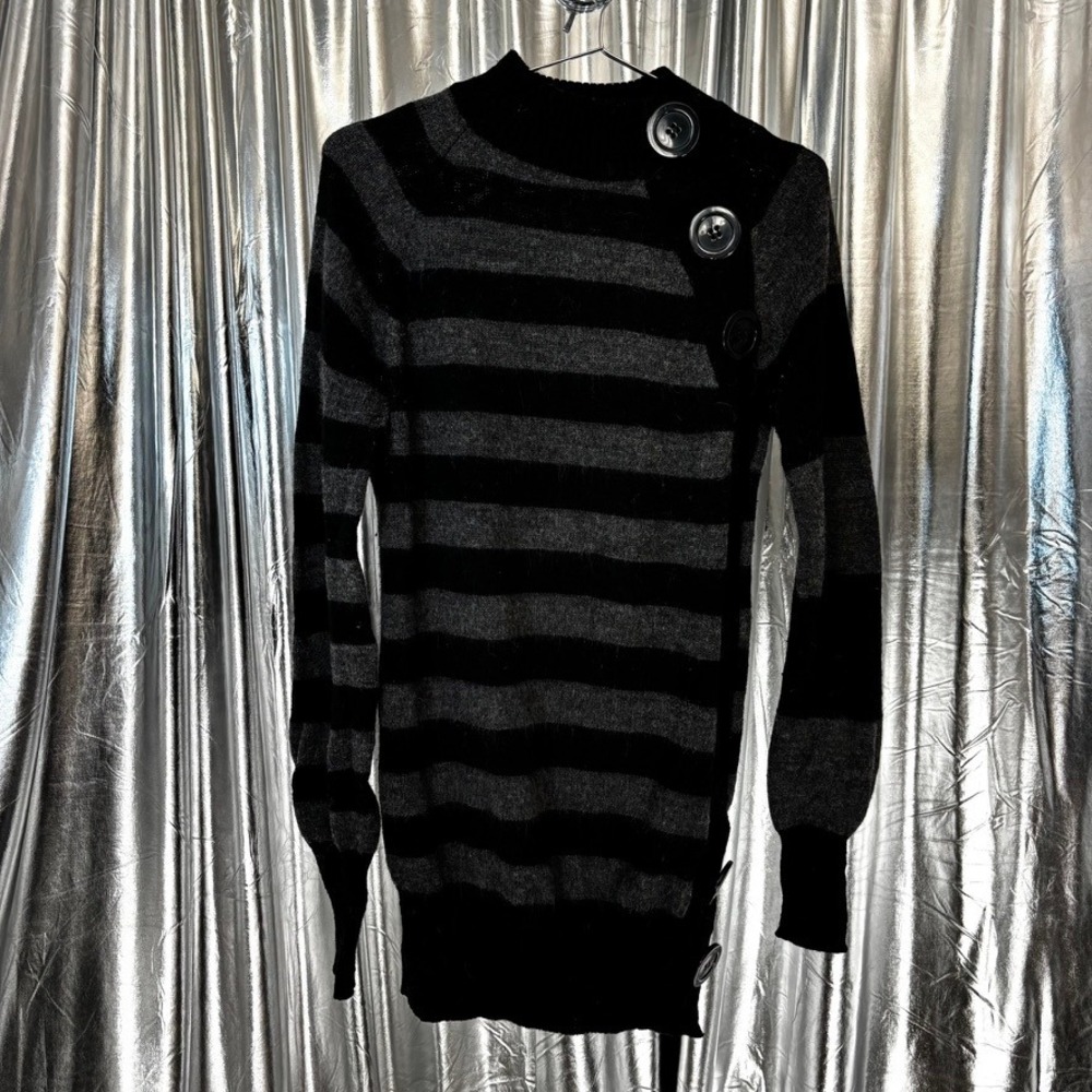 United Colors of Benetton Black Grey Striped Button Mock Neck Sweater